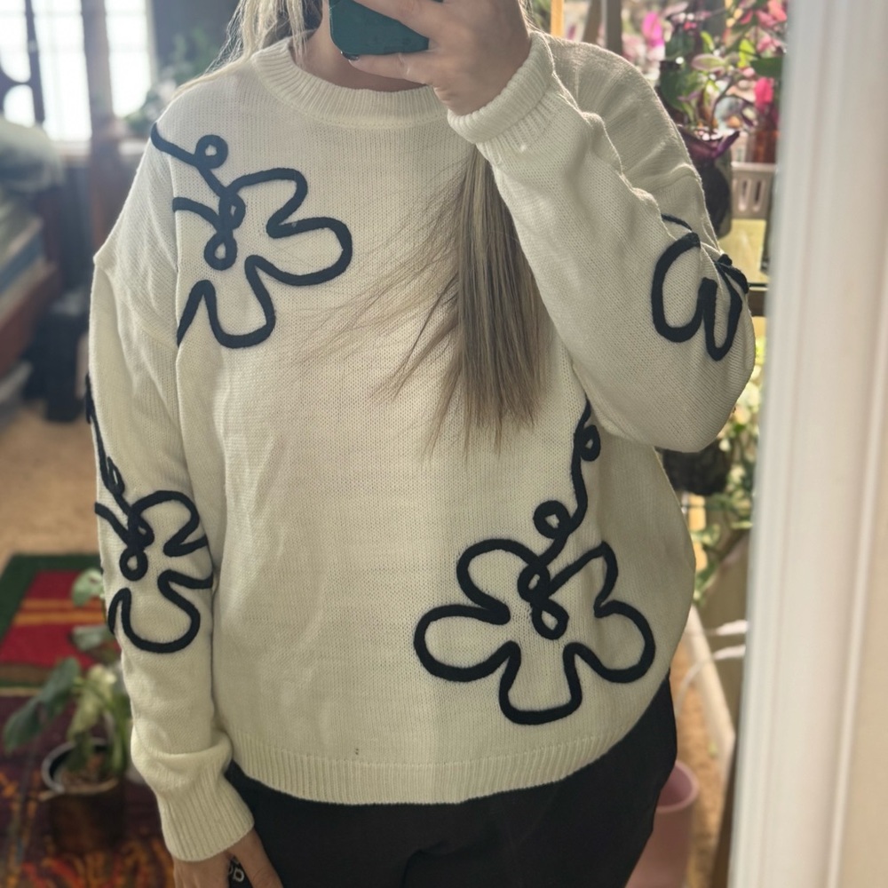 White and Black Floral Abstract Sweater